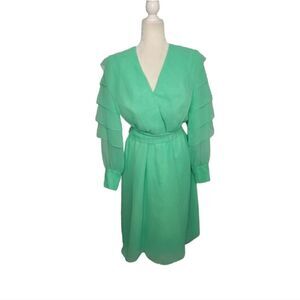 VINTAGE 60s dress chiffon mint green tiered puff sleeve‎ hostess S